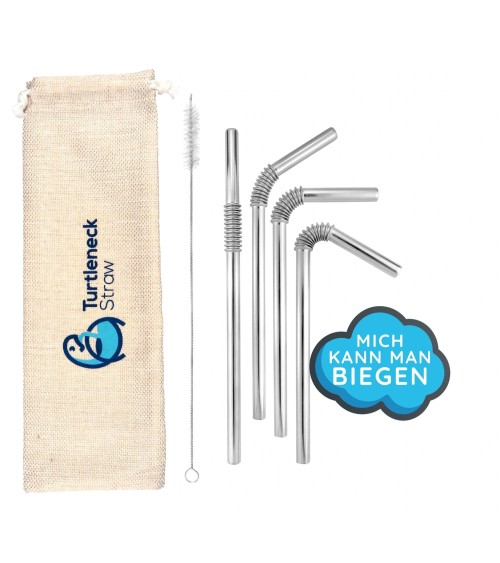 Acier inoxydable "Turtleneck® Straw" 4 pailles de boisson argent 22cm Ø 7.5 mm, incl. sac de rangement & brosses!